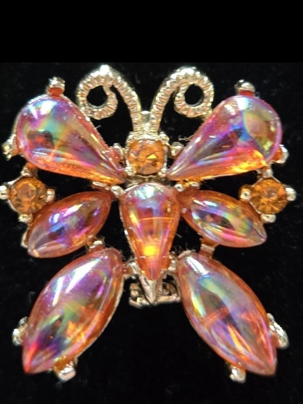Vintage Butterfly Brooch Orange Aurora Borealis Lucite Gold Tone Rhinestone Pin